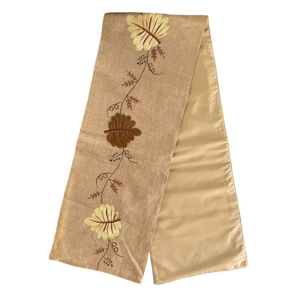 Embroidered Fall Harvest Leaves Burlap Table Runner 72